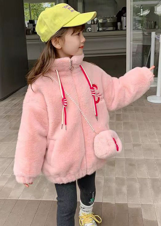 Pink Zip Up Pockets Patchwork Warm Fleece Girls Coats Stand Collar Long Sleeve Ada Fashion