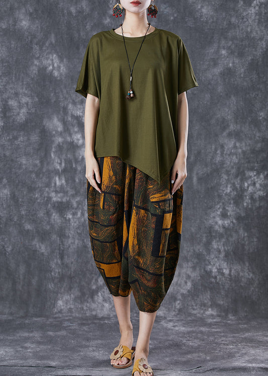 Plus Size Army Green Asymmetrical Print Cotton Two Pieces Set Summer LY6765 - fabuloryshop