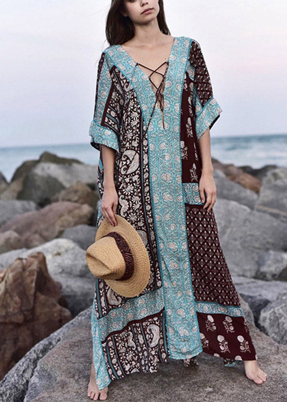 Plus Size Baby Blue V Neck Print Side Open Maxi Holiday Dresses Short Sleeve LY3049 - fabuloryshop