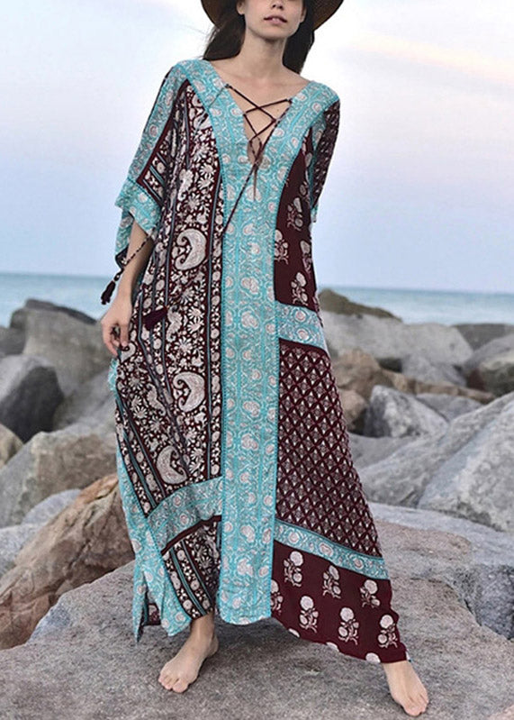 Plus Size Baby Blue V Neck Print Side Open Maxi Holiday Dresses Short Sleeve LY3049 - fabuloryshop