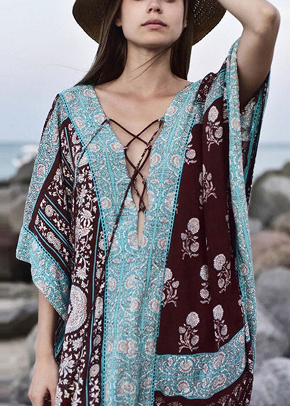 Plus Size Baby Blue V Neck Print Side Open Maxi Holiday Dresses Short Sleeve LY3049 - fabuloryshop