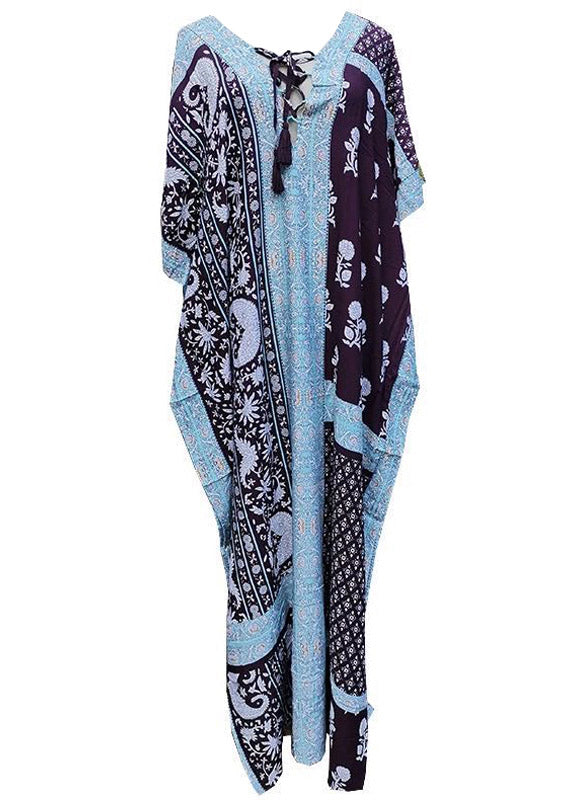 Plus Size Baby Blue V Neck Print Side Open Maxi Holiday Dresses Short Sleeve LY3049 - fabuloryshop