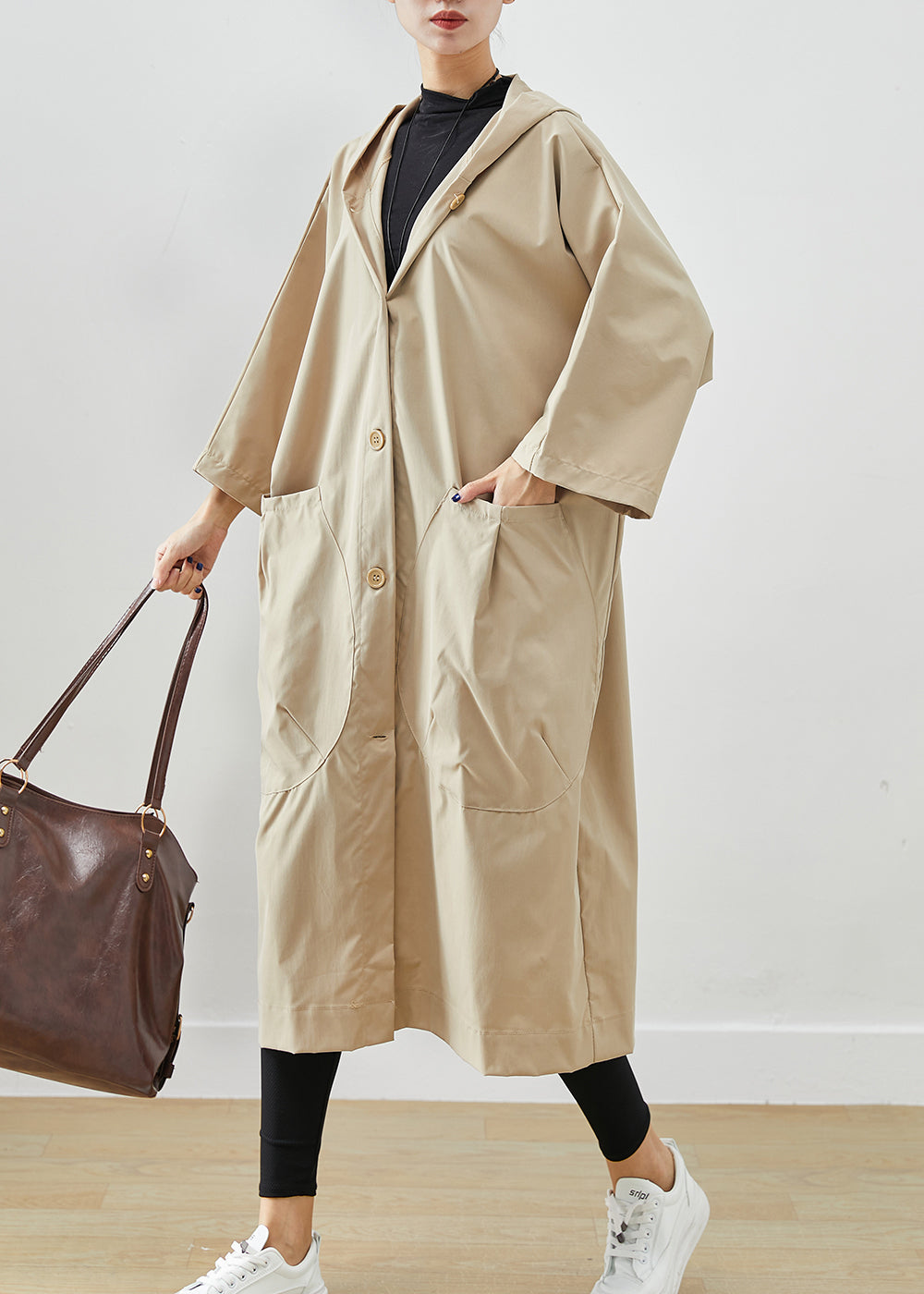 Plus Size Beige Hooded Oversized Cotton Coats Batwing Sleeve ML2447