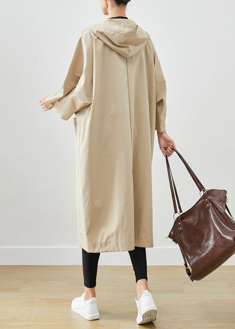 Plus Size Beige Hooded Oversized Cotton Coats Batwing Sleeve ML2447