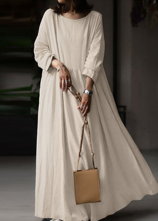 Plus Size Beige O Neck Wrinkled Patchwork Cotton Maxi Dress Spring LC0436 - fabuloryshop