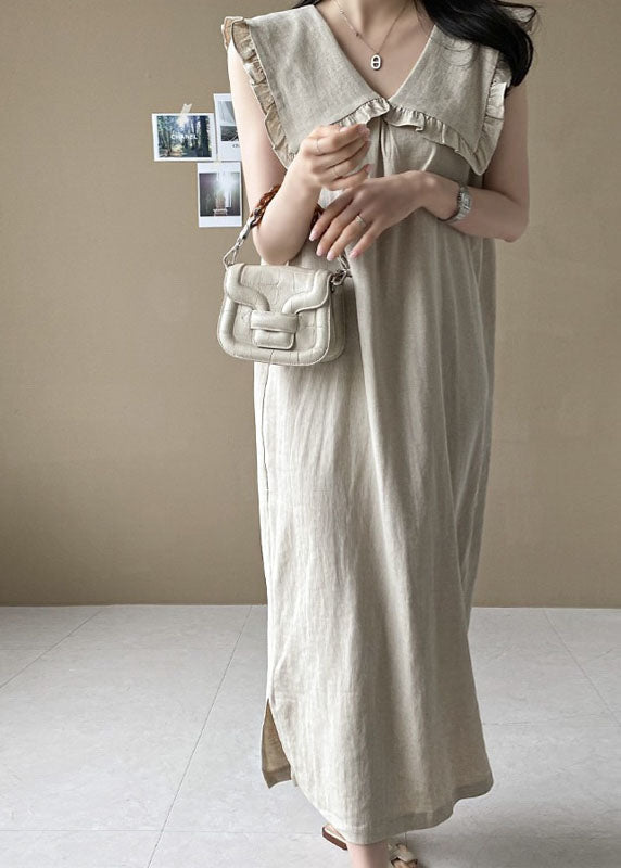 Plus Size Beige Oversized Ruffled Side Open Linen Maxi Dress Sleeveless LY1323 - fabuloryshop