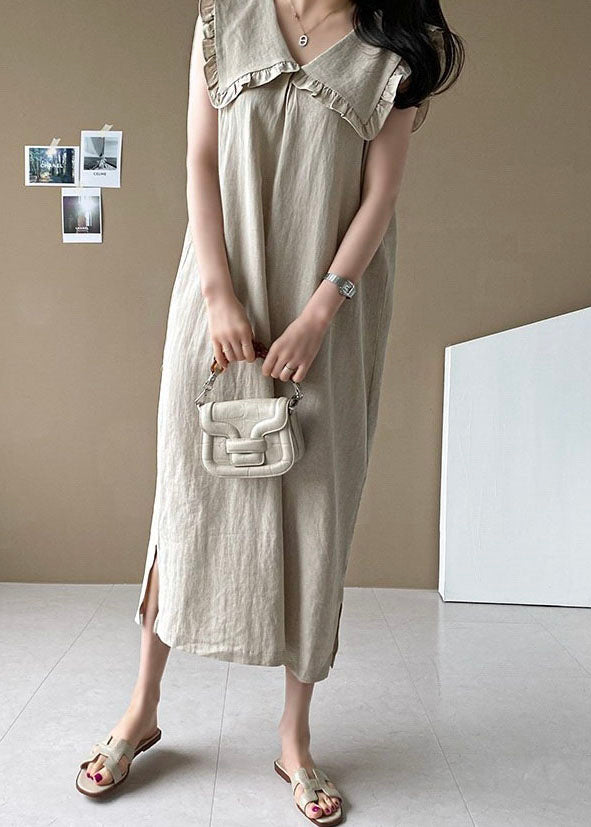 Plus Size Beige Oversized Ruffled Side Open Linen Maxi Dress Sleeveless LY1323 - fabuloryshop