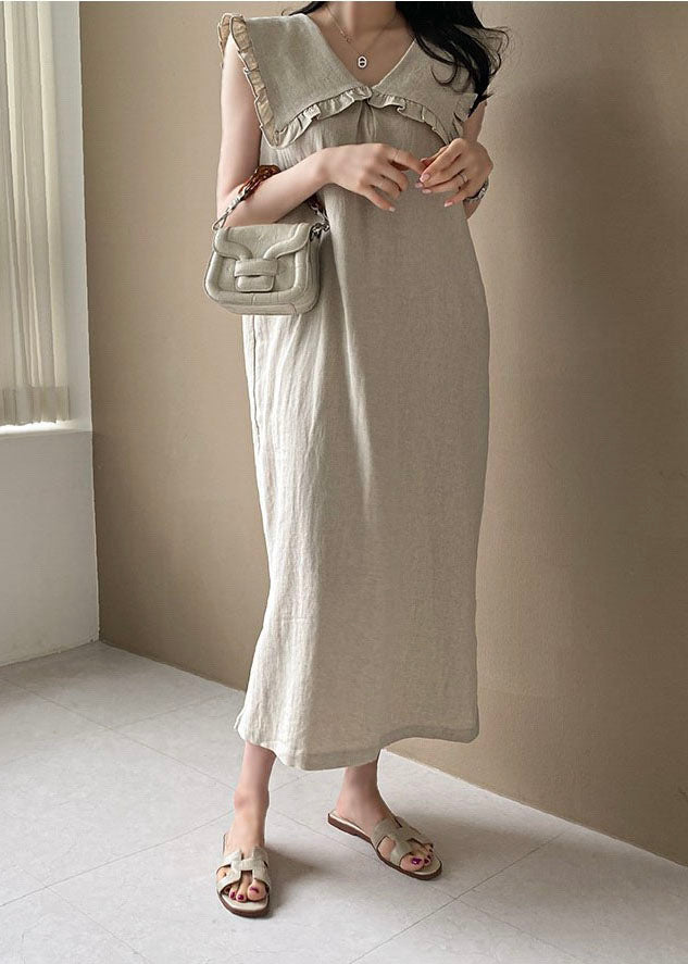 Plus Size Beige Oversized Ruffled Side Open Linen Maxi Dress Sleeveless LY1323 - fabuloryshop