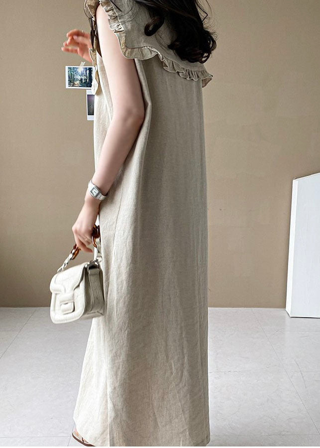 Plus Size Beige Oversized Ruffled Side Open Linen Maxi Dress Sleeveless LY1323 - fabuloryshop