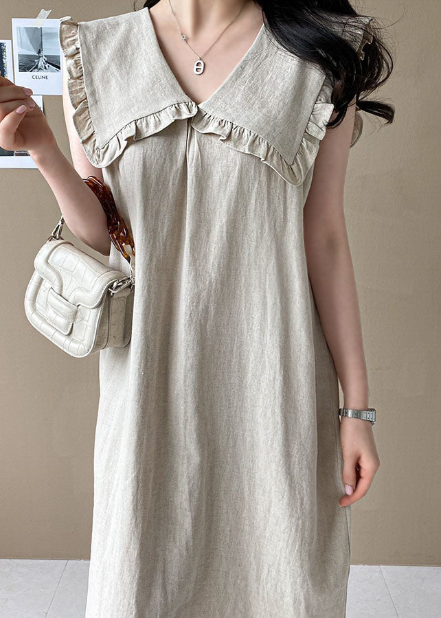 Plus Size Beige Oversized Ruffled Side Open Linen Maxi Dress Sleeveless LY1323 - fabuloryshop