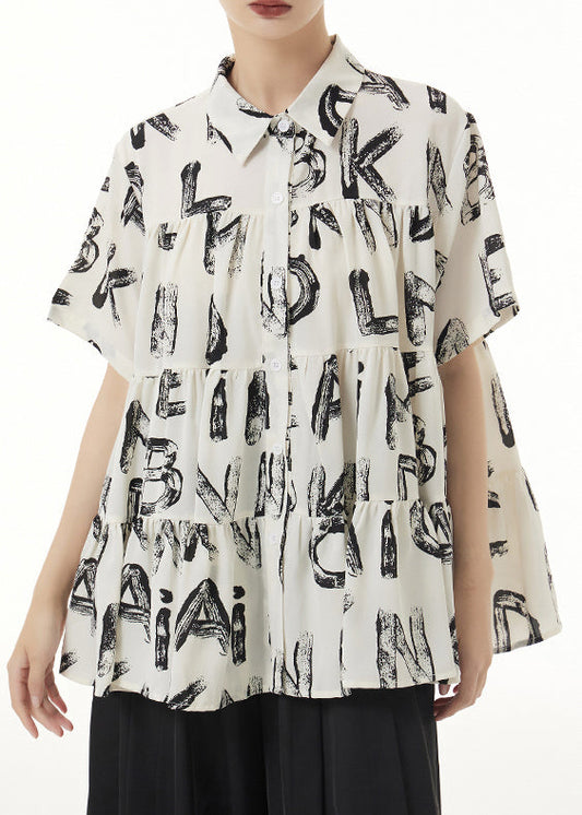 Plus Size Beige Peter Pan Collar Print Wrinkled Patchwork Silk Shirts Summer Ada Fashion