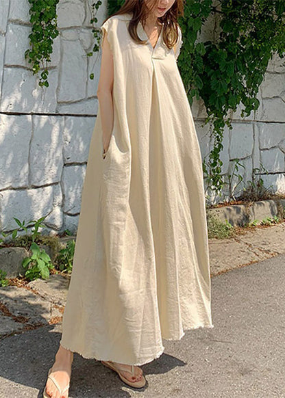 Plus Size Beige Peter Pan Collar Solid Long Dress Summer LY2918 - fabuloryshop