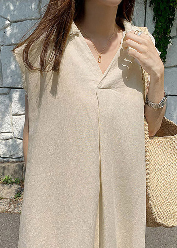 Plus Size Beige Peter Pan Collar Solid Long Dress Summer LY2918