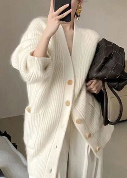 Plus Size Beige V Neck Button Pockets Cotton Knit Coats Fall Ada Fashion