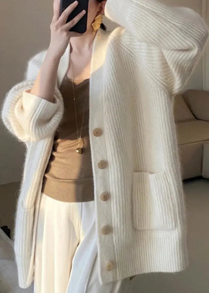 Plus Size Beige V Neck Button Pockets Cotton Knit Coats Fall Ada Fashion