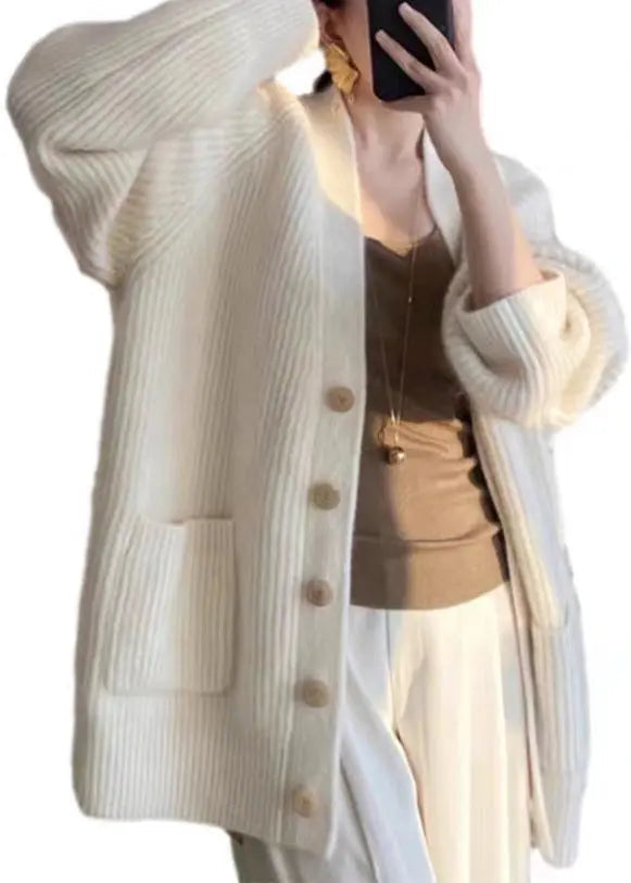 Plus Size Beige V Neck Button Pockets Cotton Knit Coats Fall Ada Fashion