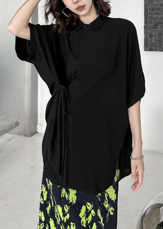Plus Size Black Asymmetrical Lace Up Patchwork Cotton Shirt Batwing Sleeve Ada Fashion