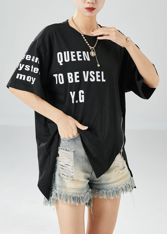 Plus Size Black Asymmetrical Letter Print Cotton Tanks Summer LY6059 - fabuloryshop