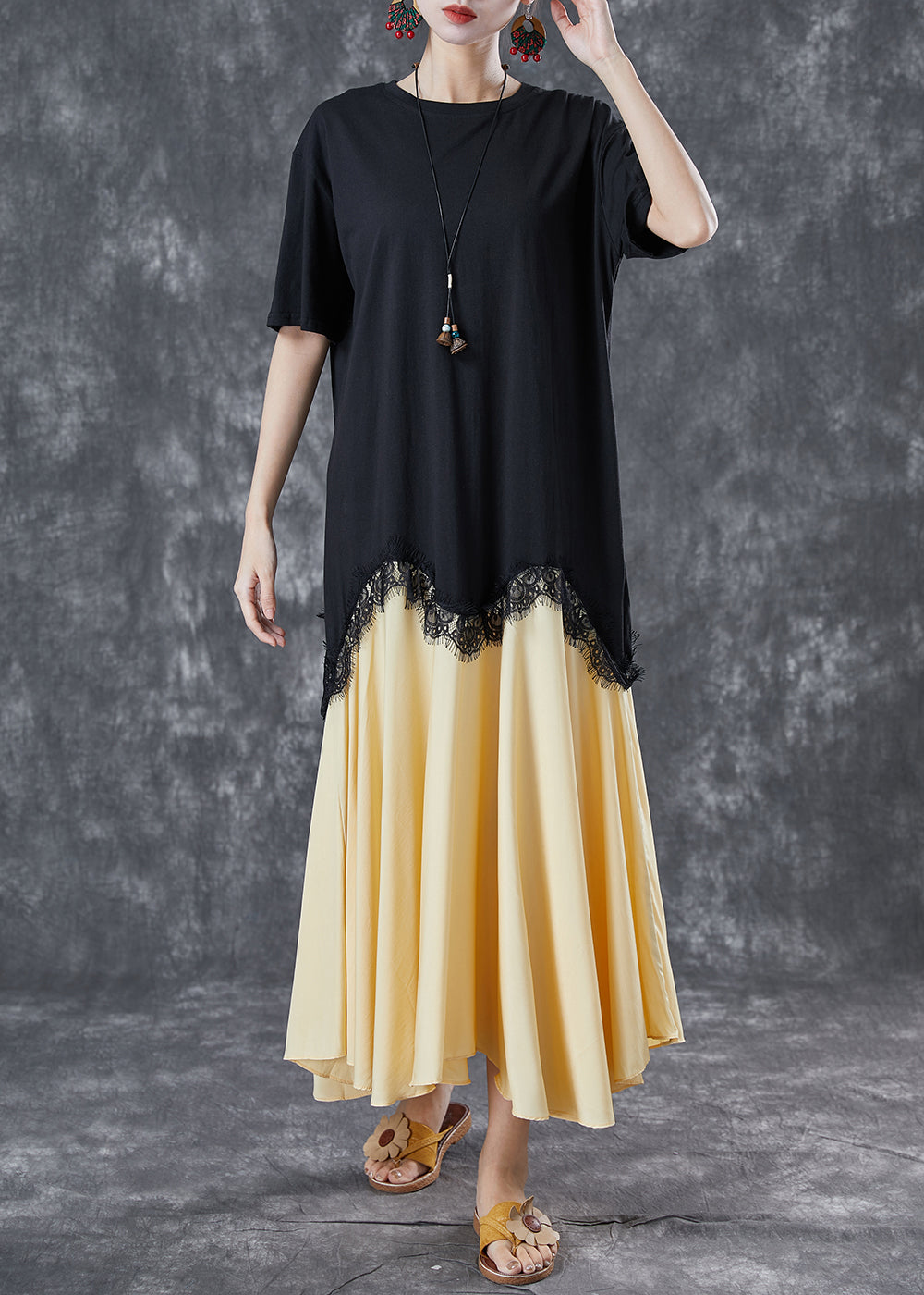Plus Size Black Asymmetrical Patchwork Cotton Fake Two Piece Dresses Summer LY5008 - fabuloryshop