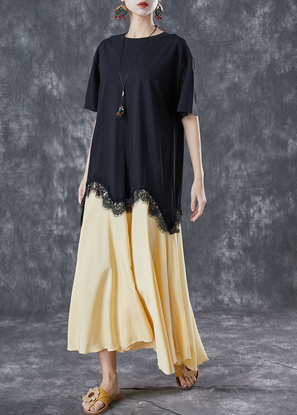 Plus Size Black Asymmetrical Patchwork Cotton Fake Two Piece Dresses Summer TA1055