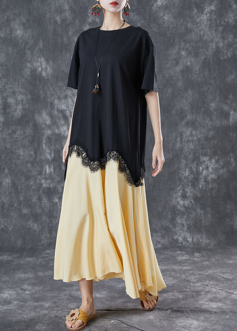 Plus Size Black Asymmetrical Patchwork Cotton Fake Two Piece Dresses Summer LY5008 - fabuloryshop