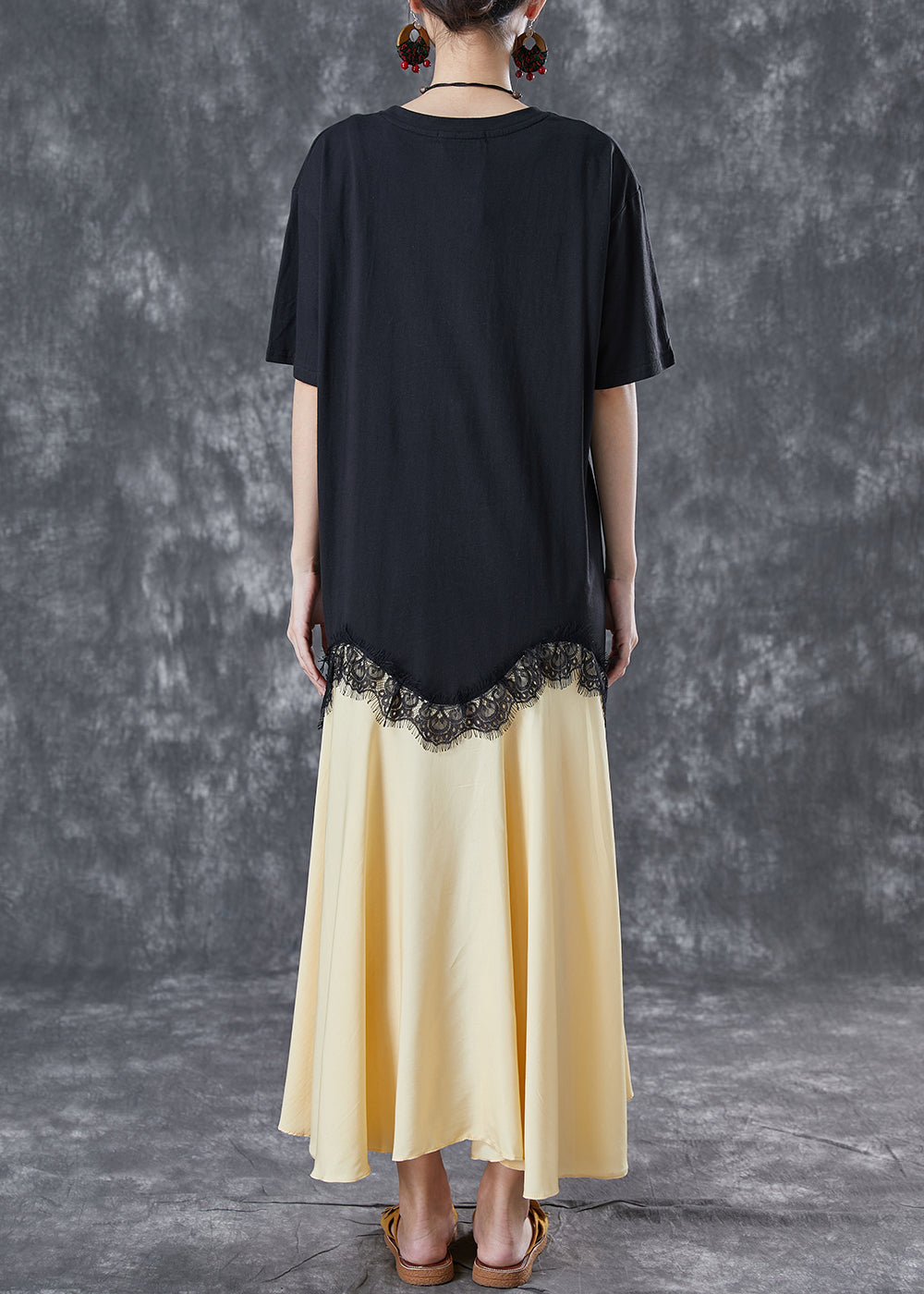 Plus Size Black Asymmetrical Patchwork Cotton Fake Two Piece Dresses Summer TA1055