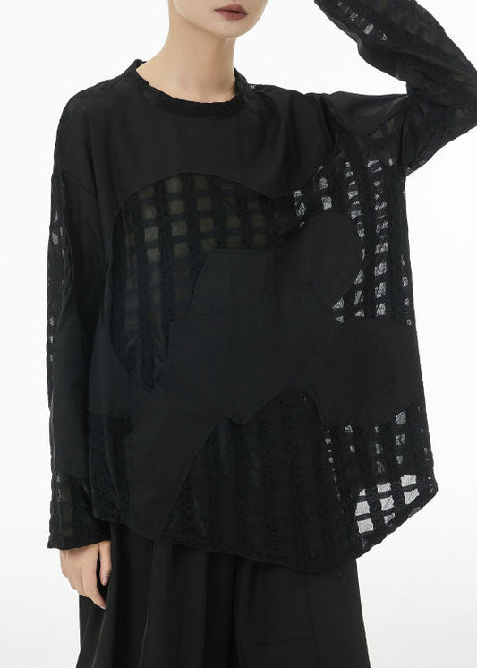 Plus Size Black Asymmetrical Patchwork Cotton Top Spring TS1051 - fabuloryshop