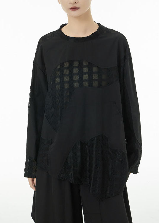 Plus Size Black Asymmetrical Patchwork Cotton Top Spring TS1051 - fabuloryshop