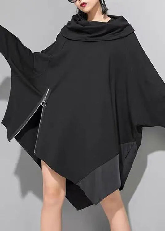 Plus Size Black Asymmetrical Zippered Patchwork Cotton Mid Dress Batwing Sleeve Ada Fashion