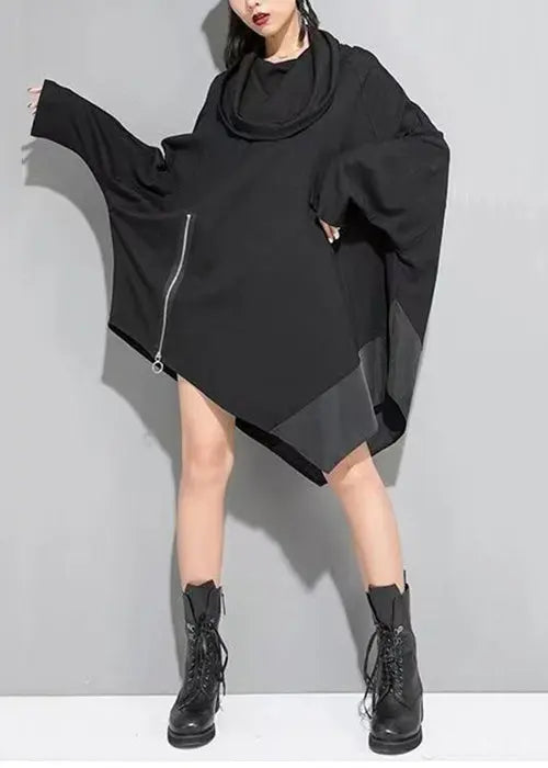 Plus Size Black Asymmetrical Zippered Patchwork Cotton Mid Dress Batwing Sleeve Ada Fashion