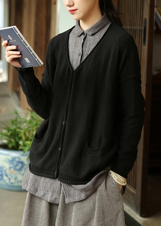 Plus Size Black Button Pockets Patchwork Knit Cardigan Fall Ada Fashion