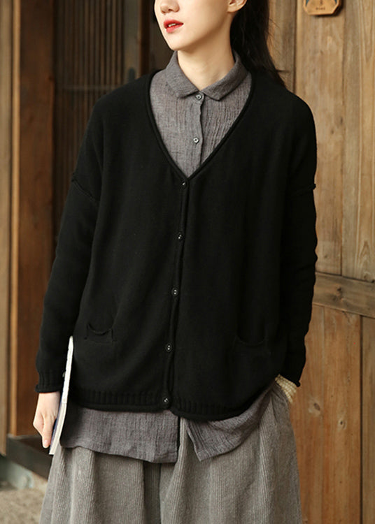 Plus Size Black Button Pockets Patchwork Knit Cardigan Fall Ada Fashion