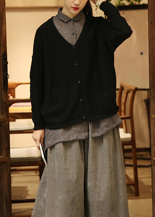 Plus Size Black Button Pockets Patchwork Knit Cardigan Fall Ada Fashion