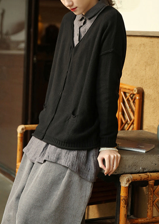 Plus Size Black Button Pockets Patchwork Knit Cardigan Fall Ada Fashion