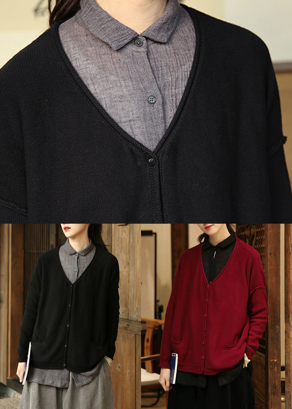 Plus Size Black Button Pockets Patchwork Knit Cardigan Fall Ada Fashion