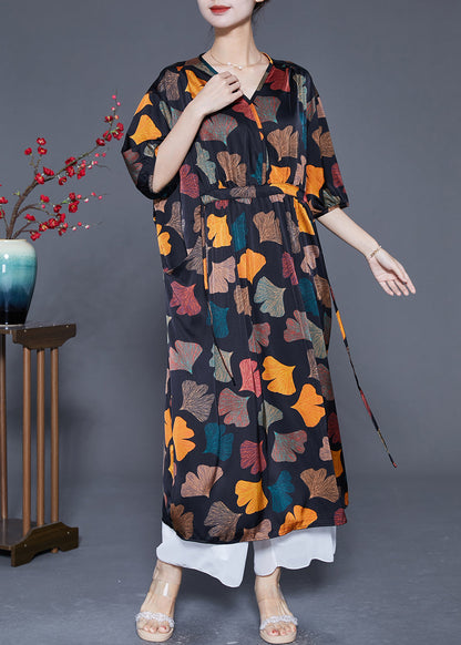 Plus Size Black Cinched Leaf Print Silk Long Dress Summer Ada Fashion