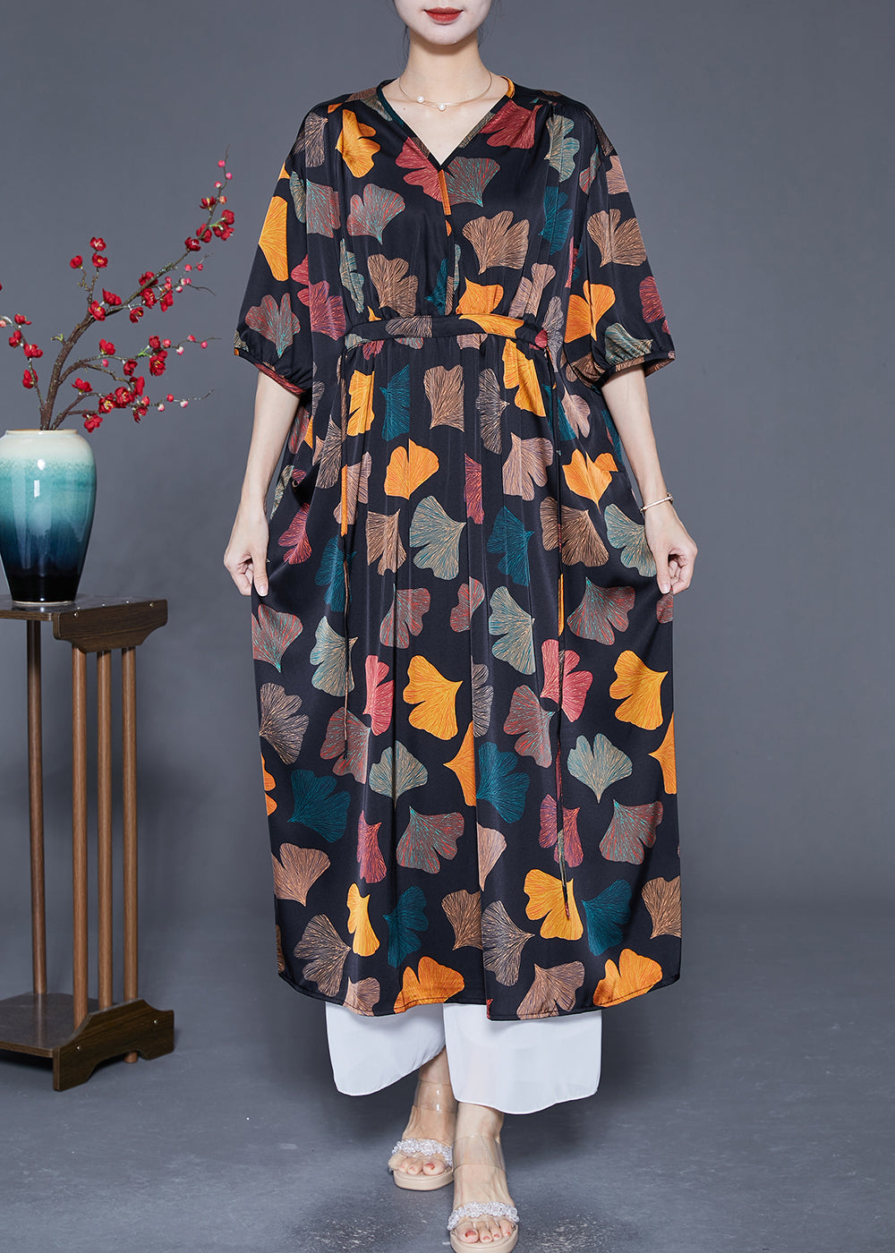 Plus Size Black Cinched Leaf Print Silk Long Dress Summer Ada Fashion