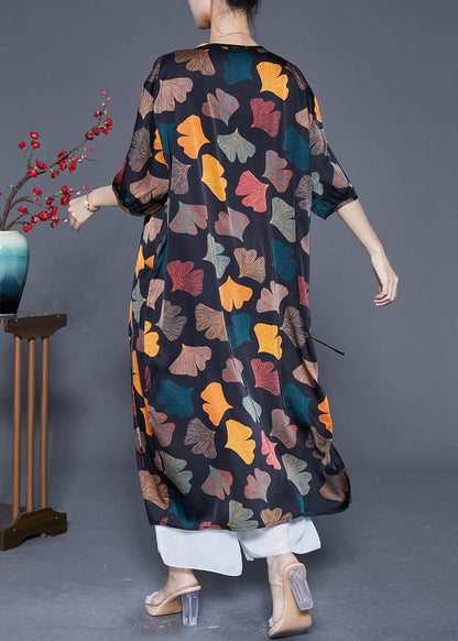 Plus Size Black Cinched Leaf Print Silk Long Dress Summer Ada Fashion