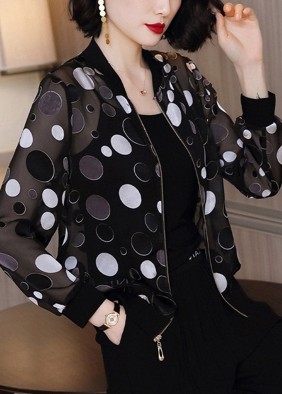 Plus Size Black Dot Print Zippere Chiffon Sunscreen Coat Long Sleeve LY3795 - fabuloryshop