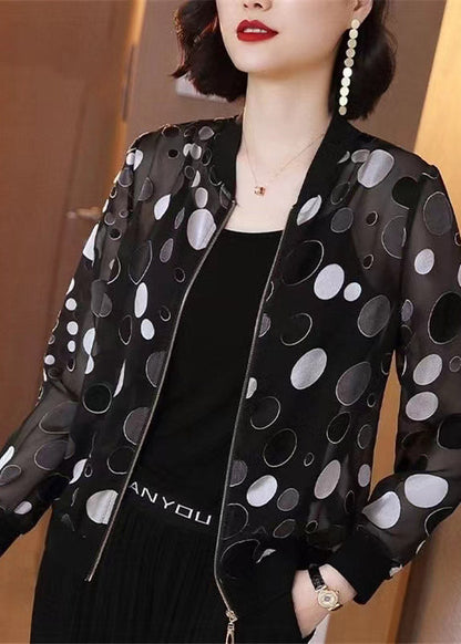 Plus Size Black Dot Print Zippere Chiffon Sunscreen Coat Long Sleeve LY3795 - fabuloryshop