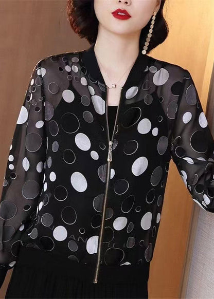 Plus Size Black Dot Print Zippere Chiffon Sunscreen Coat Long Sleeve LY3795 - fabuloryshop