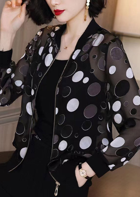 Plus Size Black Dot Print Zippere Chiffon Sunscreen Coat Long Sleeve LY3795 - fabuloryshop