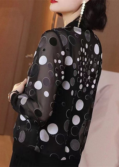 Plus Size Black Dot Print Zippere Chiffon Sunscreen Coat Long Sleeve LY3795 - fabuloryshop