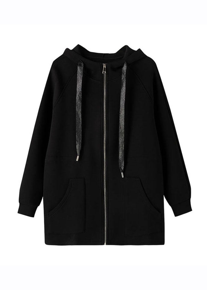 Plus Size Black Drawstring Zippered Hooded Coat Fall Ada Fashion