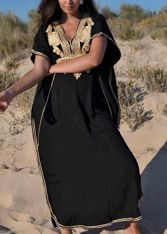 Plus Size Black Embroidered Kaftan Tunic Maxi Beach Dress Short Sleeve LY3016 - fabuloryshop