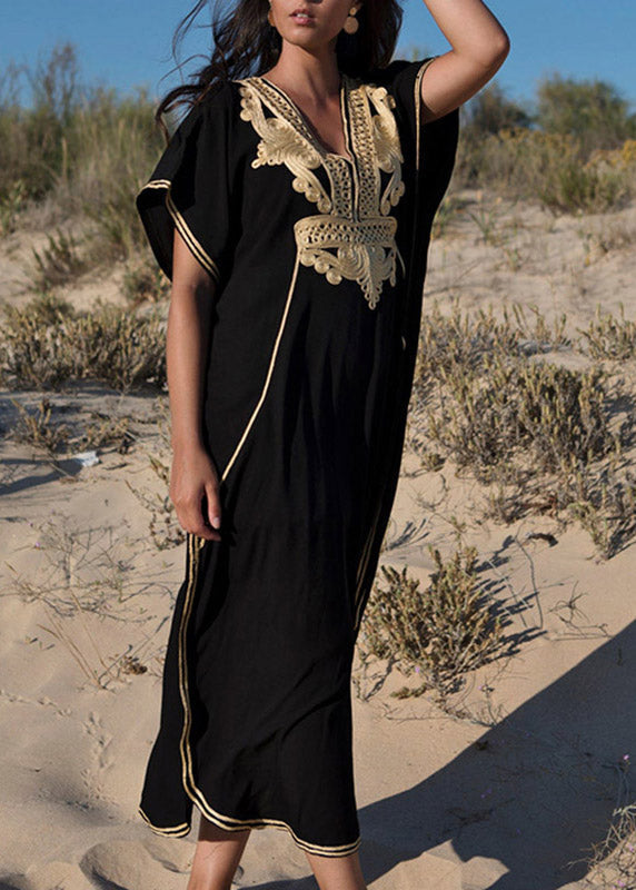 Plus Size Black Embroidered Kaftan Tunic Maxi Beach Dress Short Sleeve LY3016 - fabuloryshop