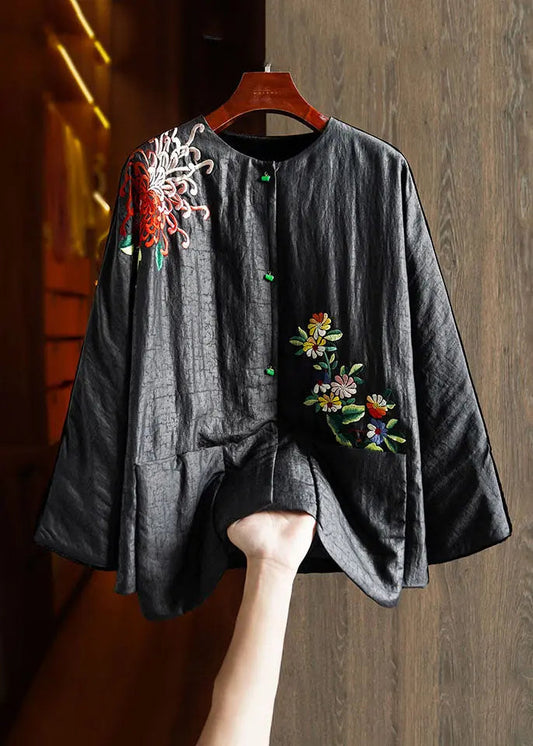 Plus Size Black Embroideried Floral Button Silk Velour Parka Winter Ada Fashion