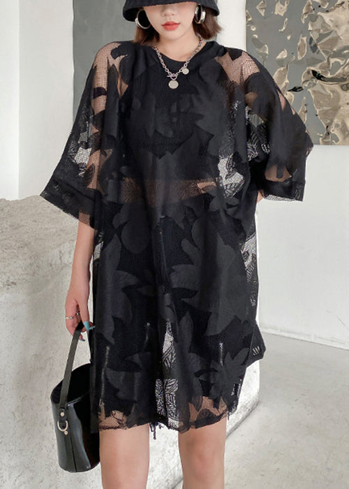 Plus Size Black Embroideried Hollow Out Patchwork Lace Mid Dress Half Sleeve Ada Fashion