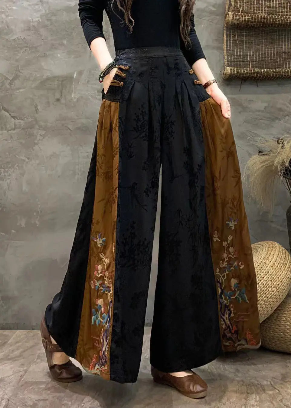 Plus Size Black Embroideried Patchwork Pockets Silk Crop Pants Fall Ada Fashion