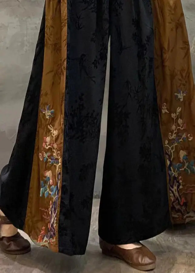 Plus Size Black Embroideried Patchwork Pockets Silk Crop Pants Fall Ada Fashion